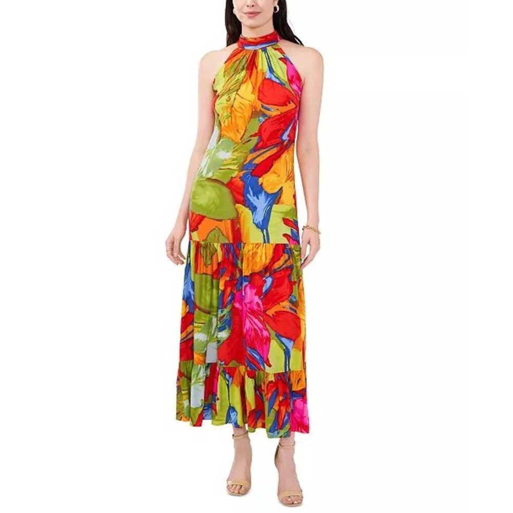 MSK women's size‎ L printed halter maxi dress colorful resort, beach